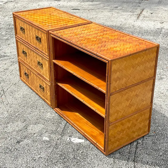 Late 20th Century Vintage Coastal Parquet Rattan Credenza Set of 2 — additional photo 4