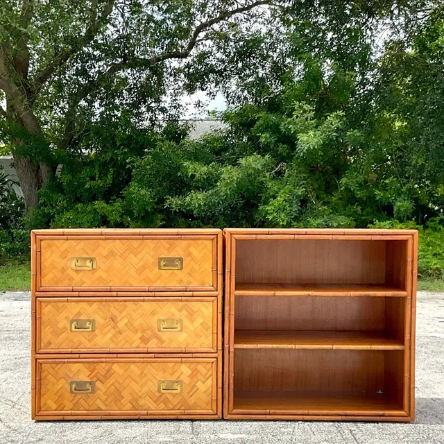 Late 20th Century Vintage Coastal Parquet Rattan Credenza Set of 2 — additional photo 7