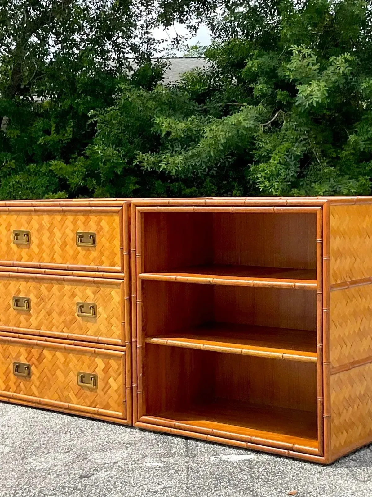 Late 20th Century Vintage Coastal Parquet Rattan Credenza Set of 2 — additional photo 1