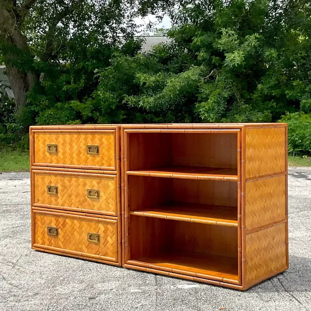 Late 20th Century Vintage Coastal Parquet Rattan Credenza Set of 2 — additional photo 1
