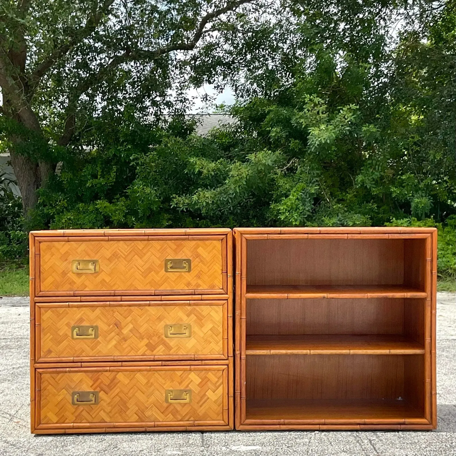 Late 20th Century Vintage Coastal Parquet Rattan Credenza Set of 2 — additional photo 8