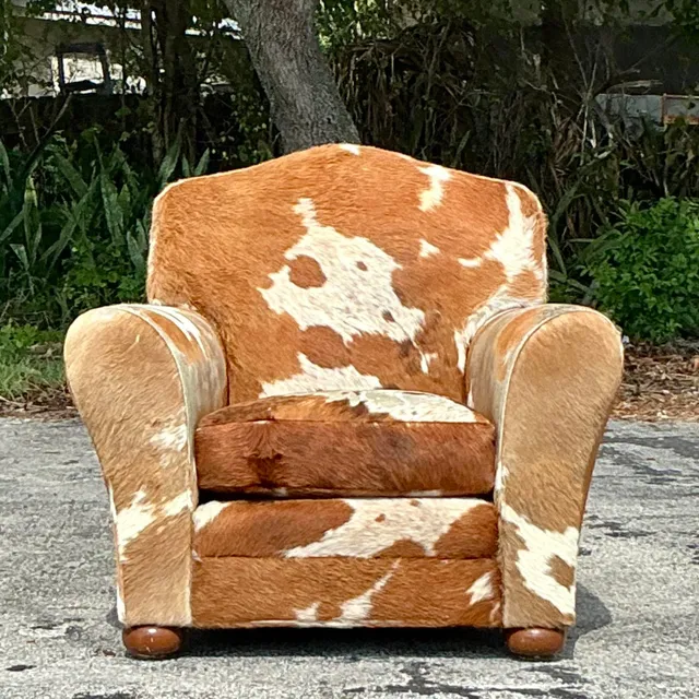 Vintage Boho Cowhide Roll Arm Lounge Chair — additional photo 2