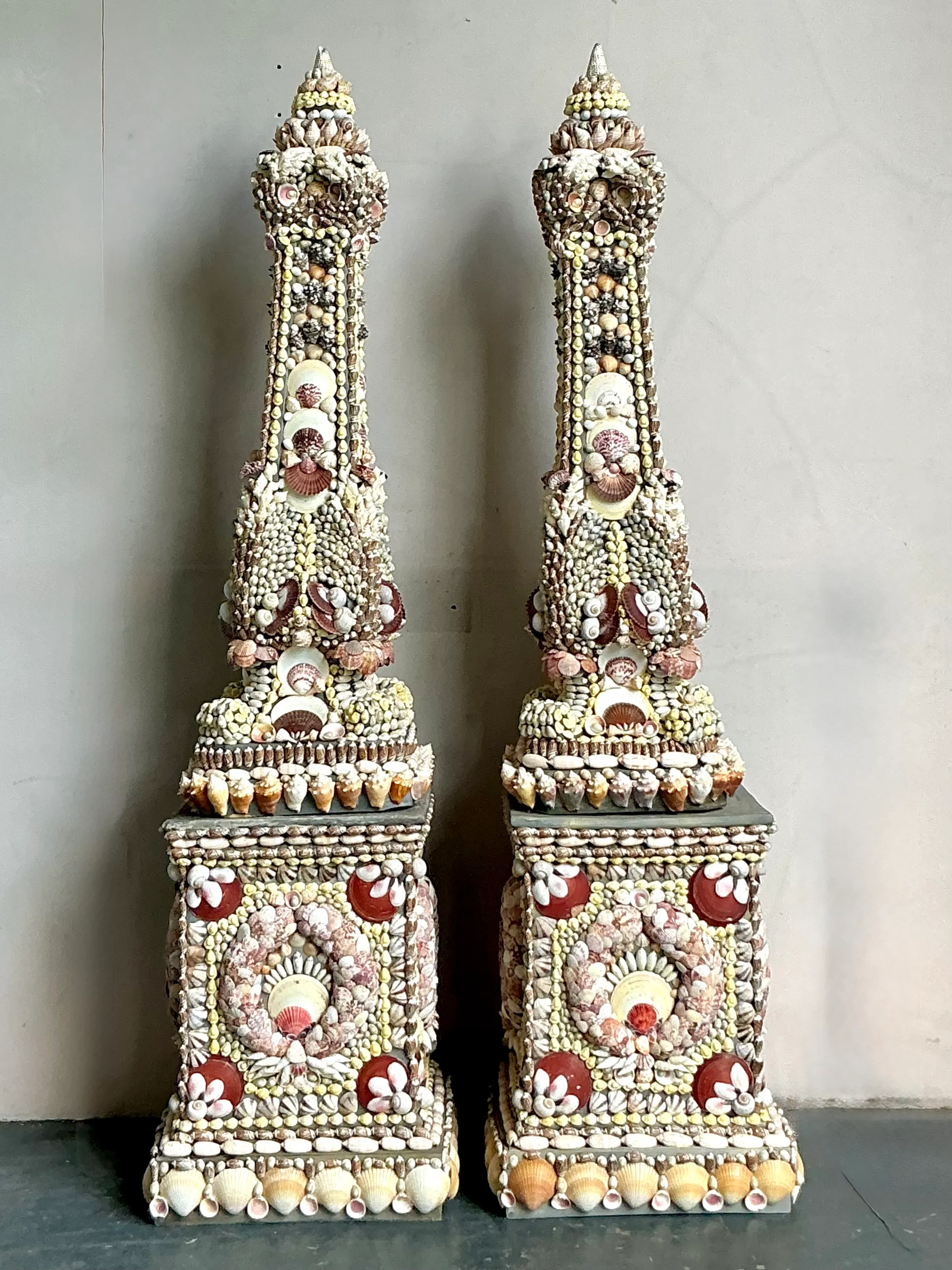 Vintage Monumental Shell Encrusted Obelisks- a Pair — additional photo 1