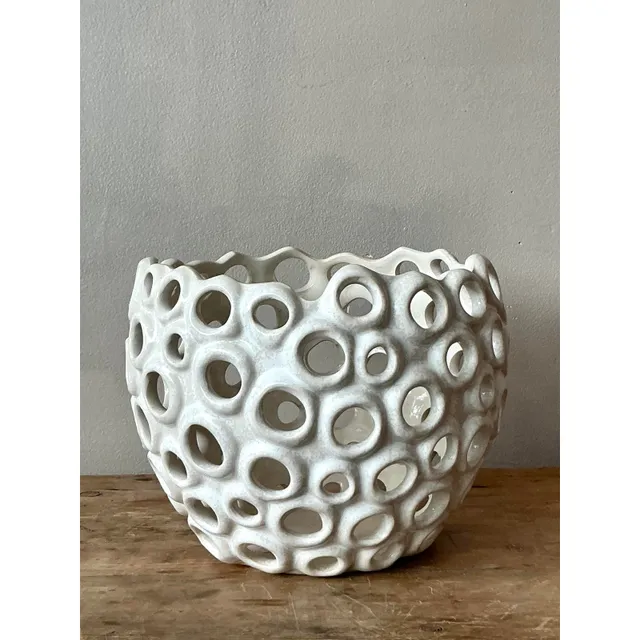 Vintage Boho Glazed Ceramic Holes Bowl — additional photo 3