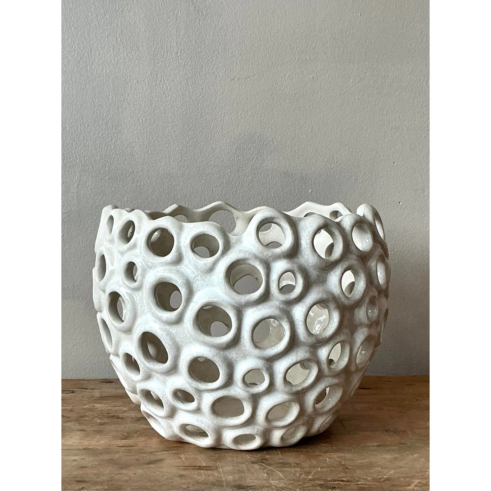 Vintage Boho Glazed Ceramic Holes Bowl — additional photo 2