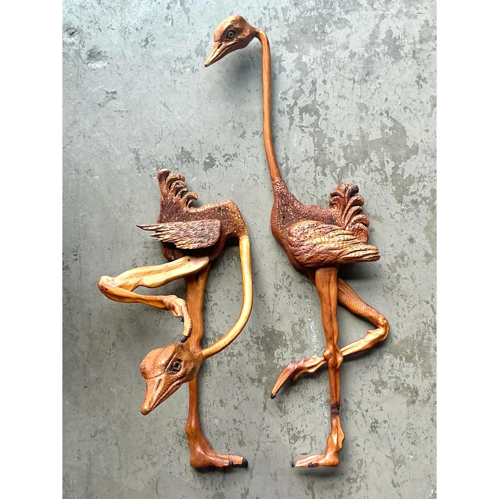 Vintage Boho Hand Carved Ostrich - A Pair