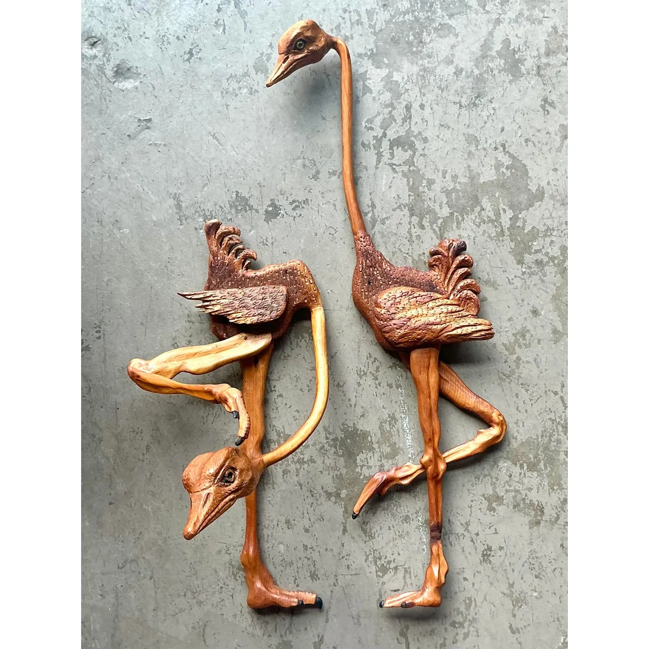 Vintage Boho Hand Carved Ostrich - A Pair