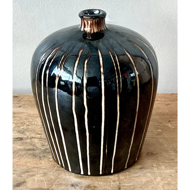 Vintage Boho Glazed Ceramic Vase - Ceramic, 6W x 8H — additional photo 1