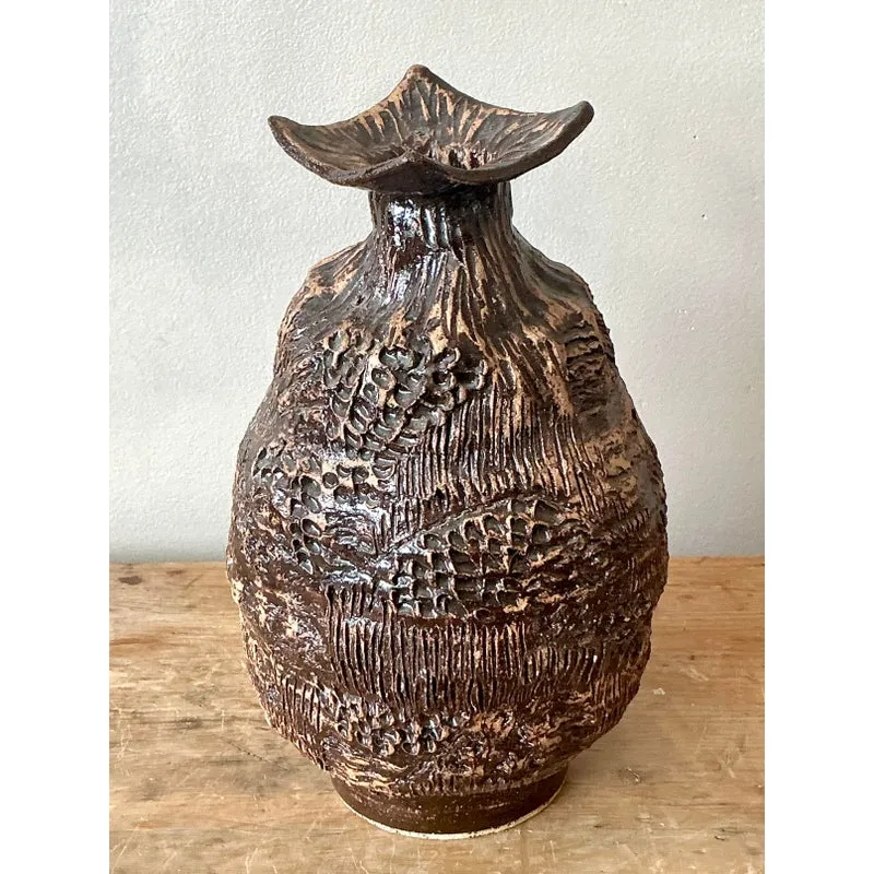 Vintage Boho Original Studio Pottery Vase - Ceramic, 7W x 11H — additional photo 3