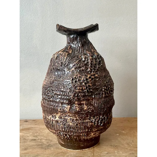 Vintage Boho Original Studio Pottery Vase - Ceramic, 7W x 11H — additional photo 2