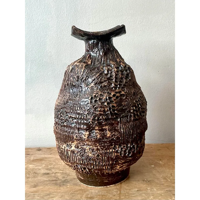 Vintage Boho Original Studio Pottery Vase - Ceramic, 7W x 11H — additional photo 4