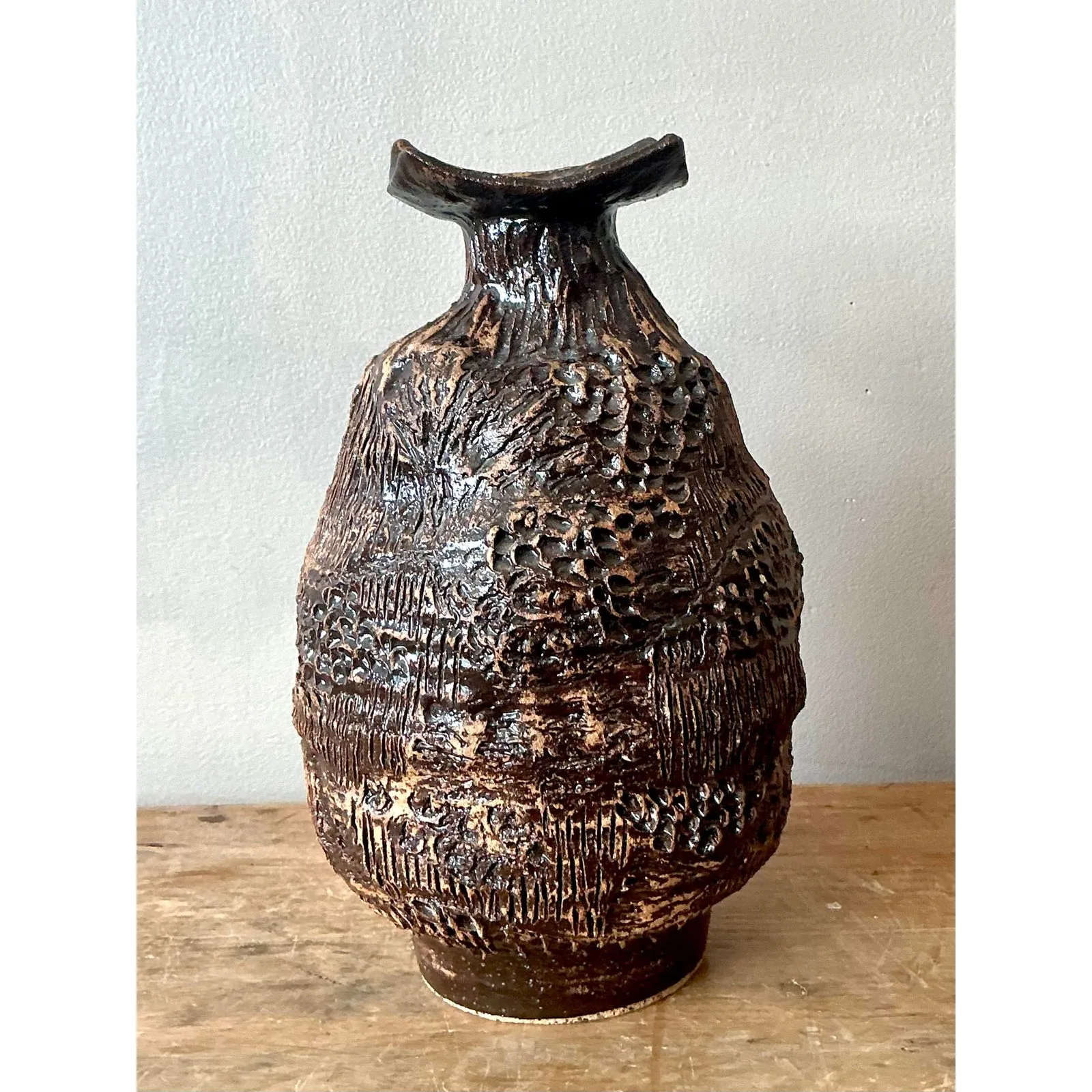 Vintage Boho Original Studio Pottery Vase - Ceramic, 7W x 11H — additional photo 8