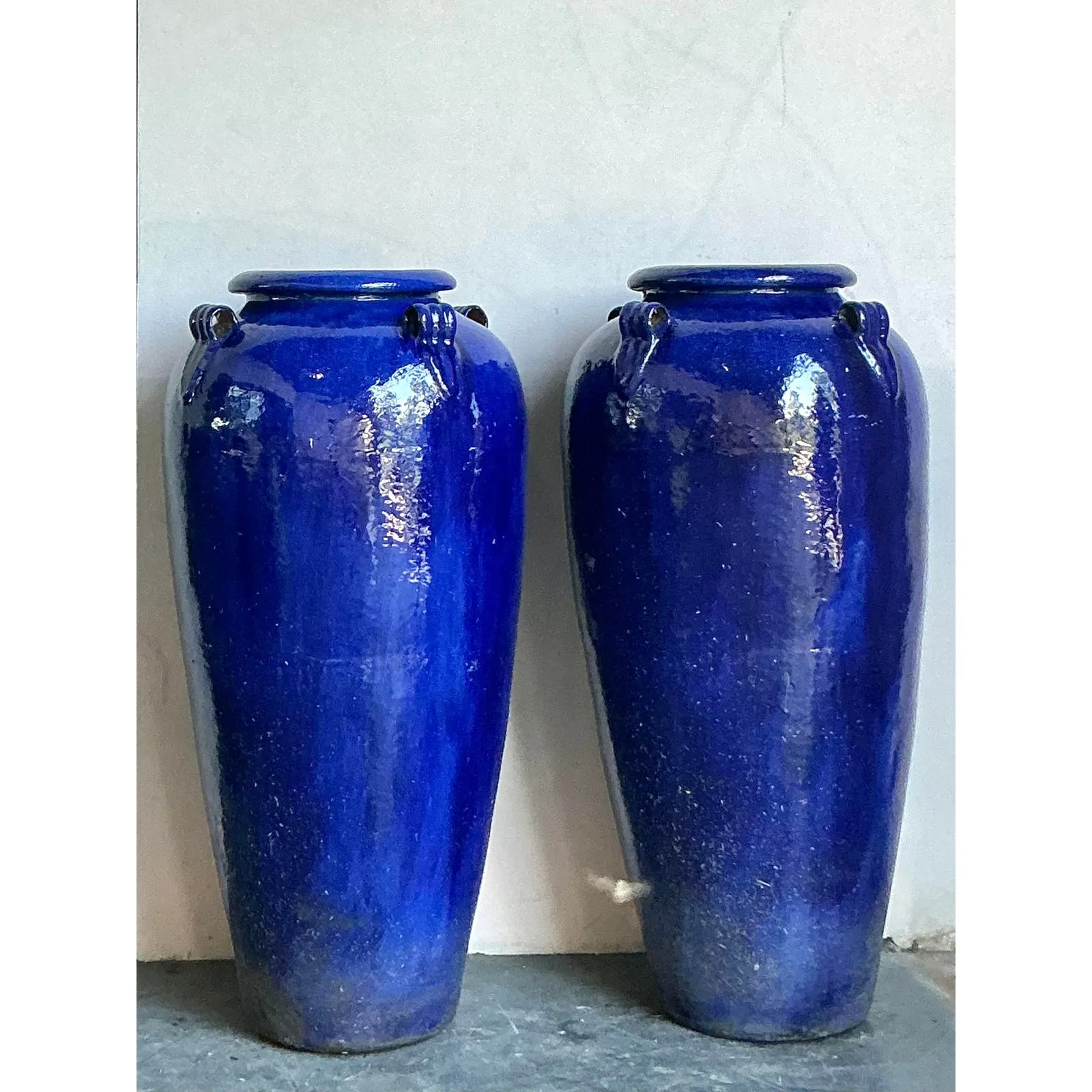 Vintage Boho Monumental Cobalt Glazed Ceramic Urns - A Pair — additional photo 1