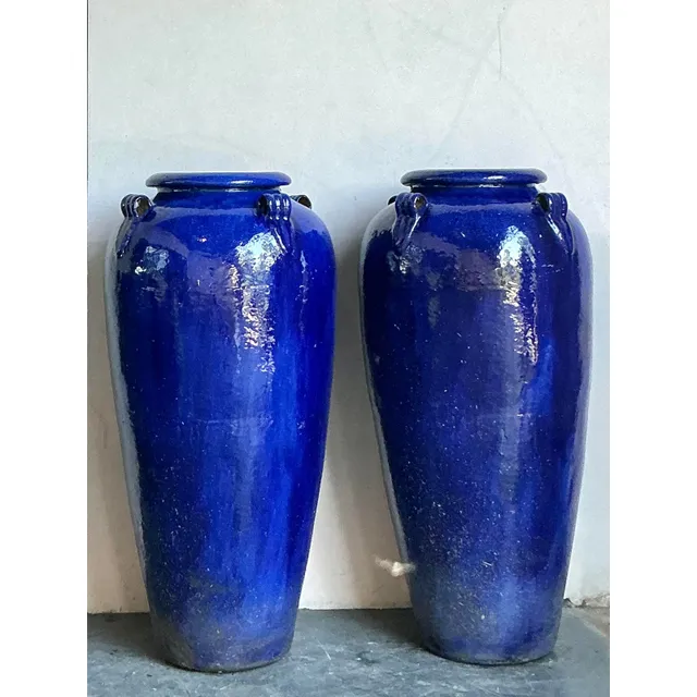 Vintage Boho Monumental Cobalt Glazed Ceramic Urns - A Pair — additional photo 1