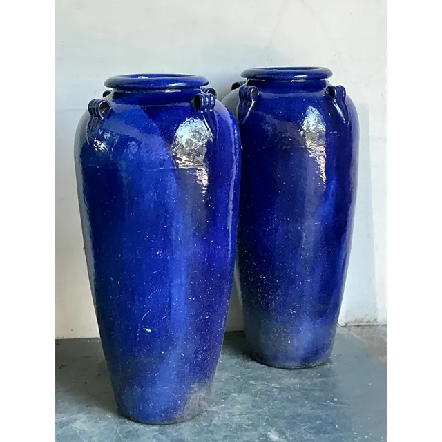 Vintage Boho Monumental Cobalt Glazed Ceramic Urns - A Pair — additional photo 6