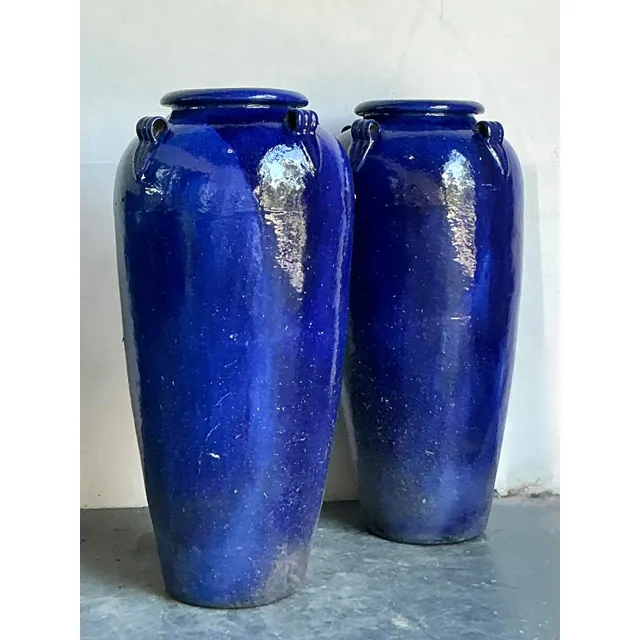 Vintage Boho Monumental Cobalt Glazed Ceramic Urns - A Pair — additional photo 3