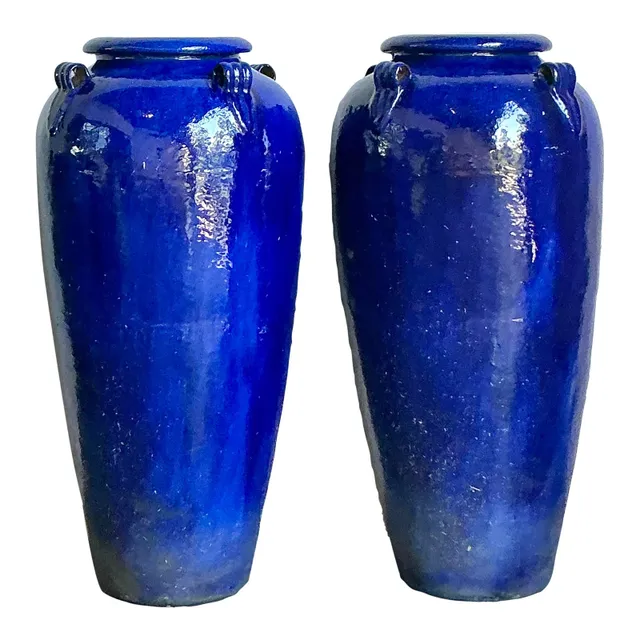 Vintage Boho Monumental Cobalt Glazed Ceramic Urns - A Pair — additional photo 5