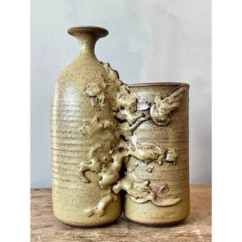 Vintage Boho Abstract Studio Pottery Vase - Ceramic, 8W x 11.5H — additional photo 6