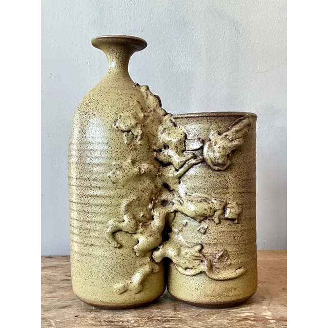 Vintage Boho Abstract Studio Pottery Vase - Ceramic, 8W x 11.5H — additional photo 2