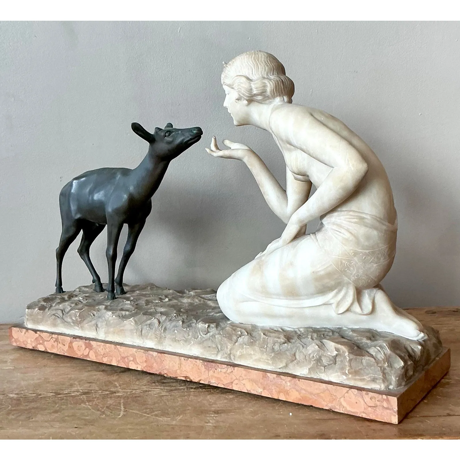 Vintage French Deco R. Ponti “Femme a La Biche” Carved Stone and Bronze Sculpture — additional photo 5