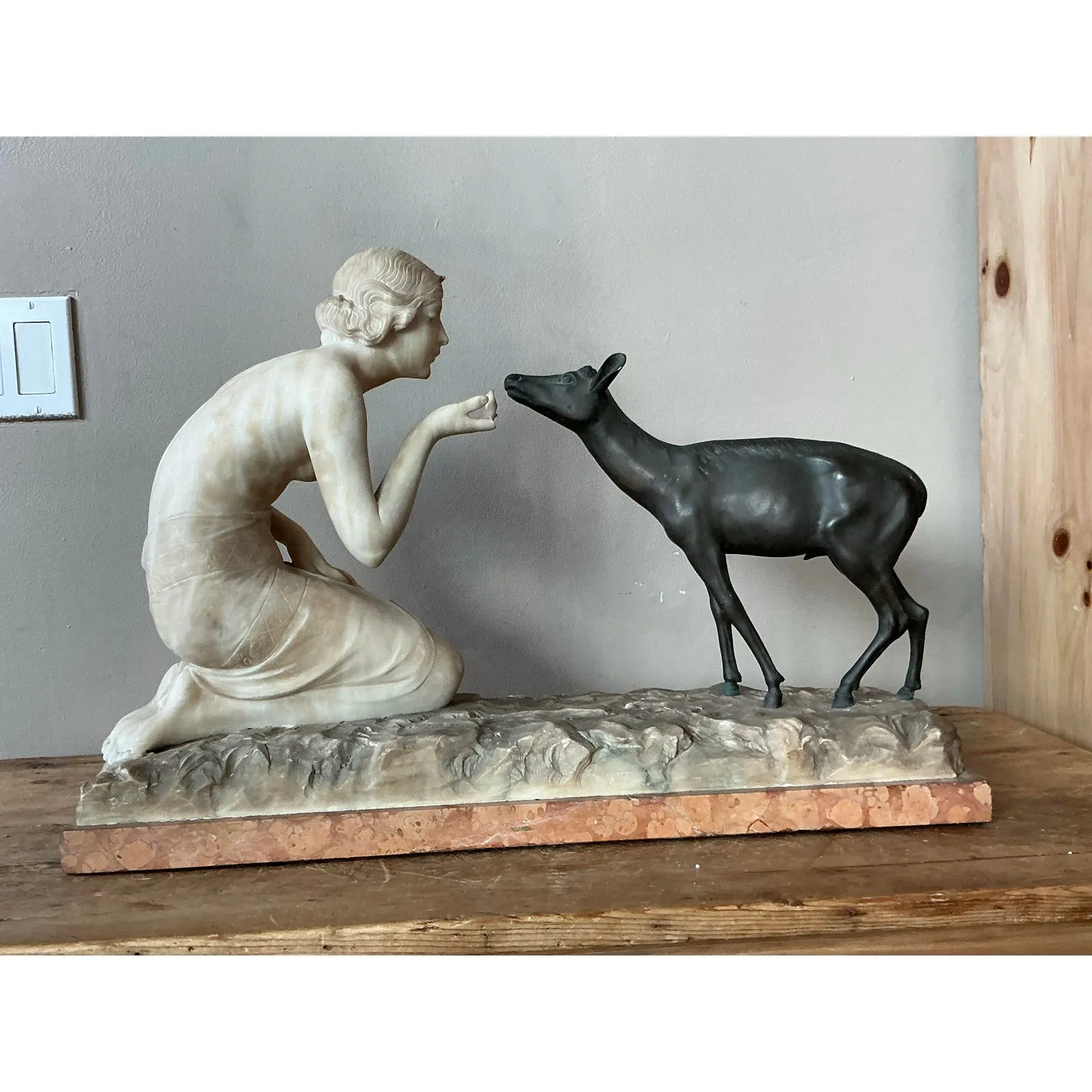 Vintage French Deco R. Ponti “Femme a La Biche” Carved Stone and Bronze Sculpture — additional photo 4