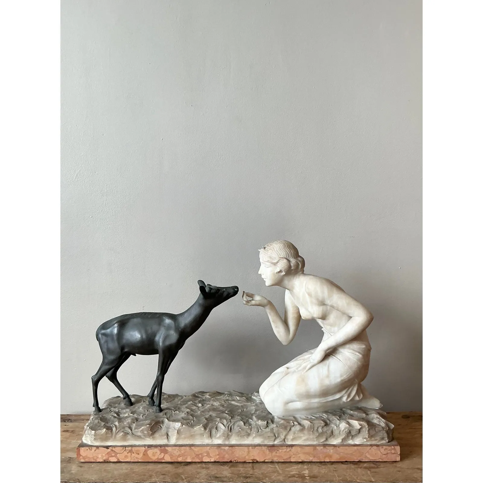 Vintage French Deco R. Ponti “Femme a La Biche” Carved Stone and Bronze Sculpture — additional photo 8