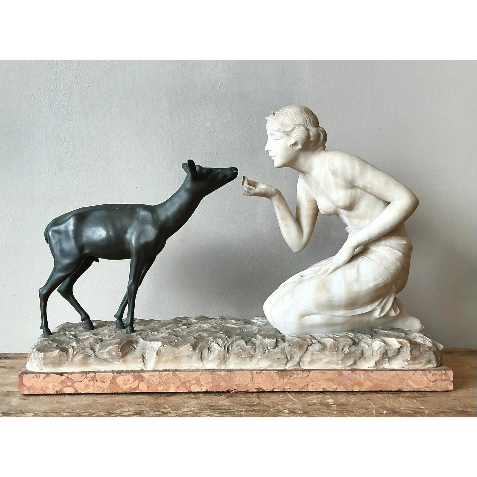 Vintage French Deco R. Ponti “Femme a La Biche” Carved Stone and Bronze Sculpture — additional photo 3