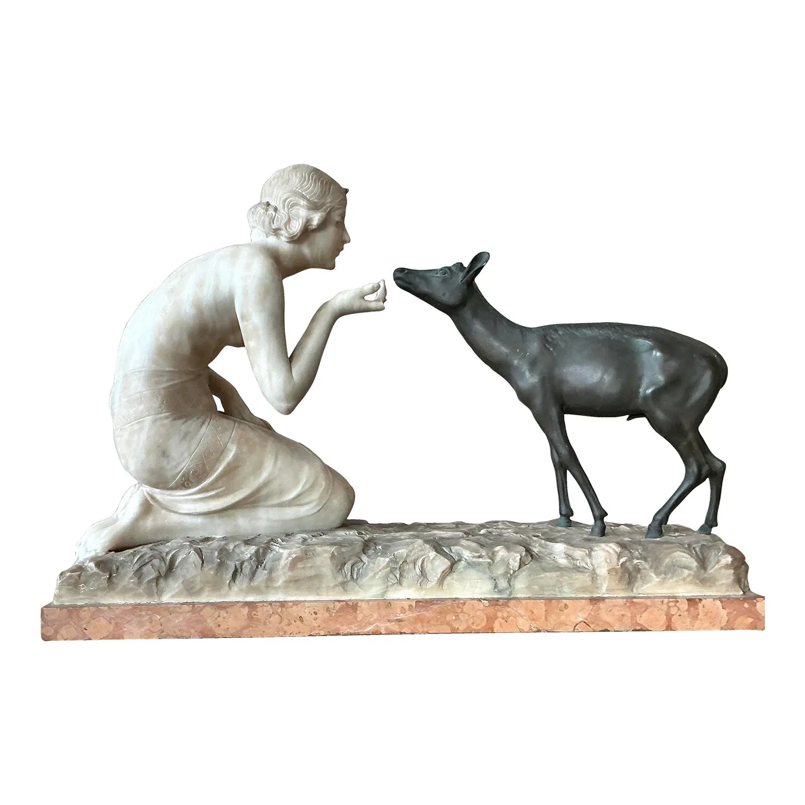 Vintage French Deco R. Ponti “Femme a La Biche” Carved Stone and Bronze Sculpture — additional photo 1