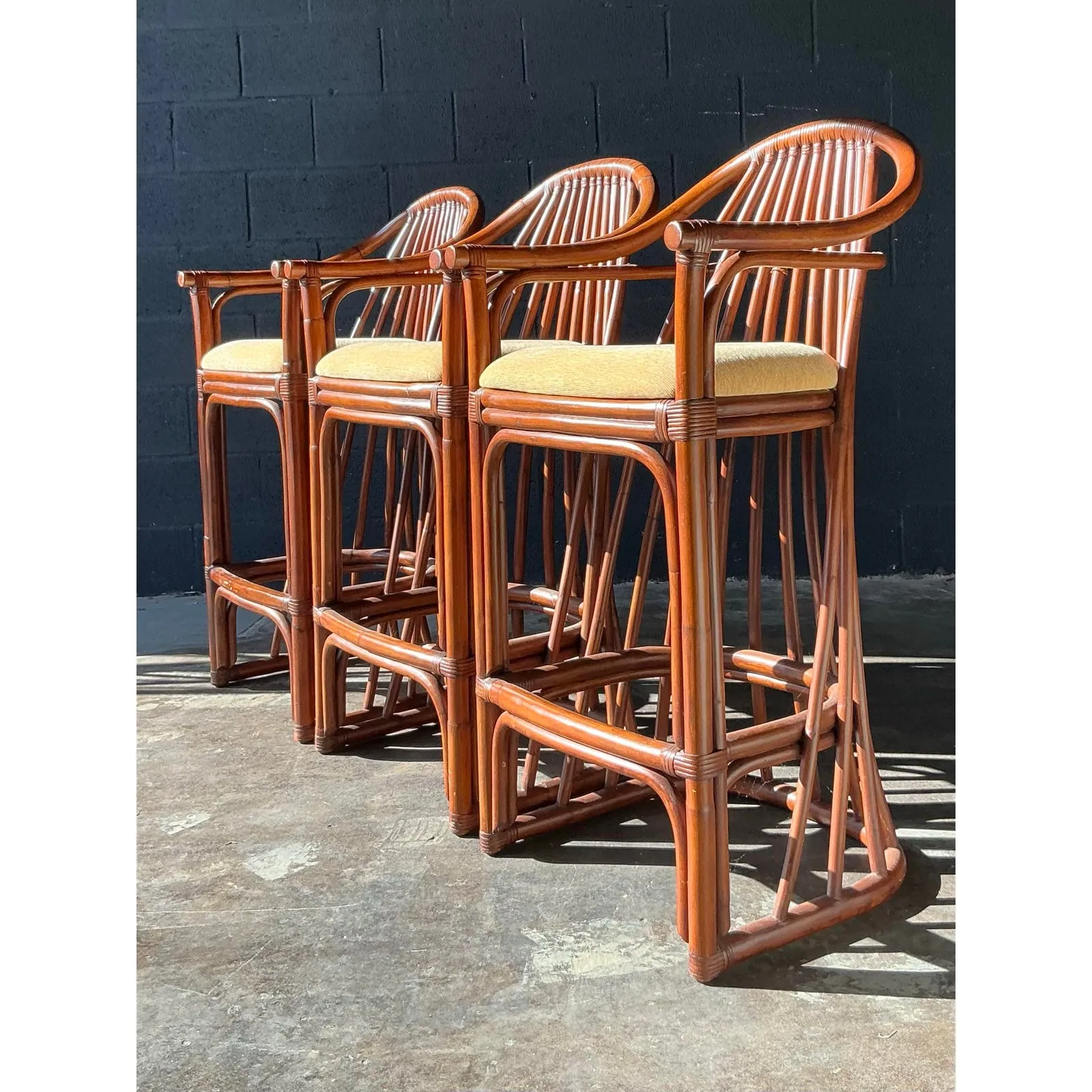 Vintage Boho Bent Rattan Bar Stools - Set of 3 — additional photo 1