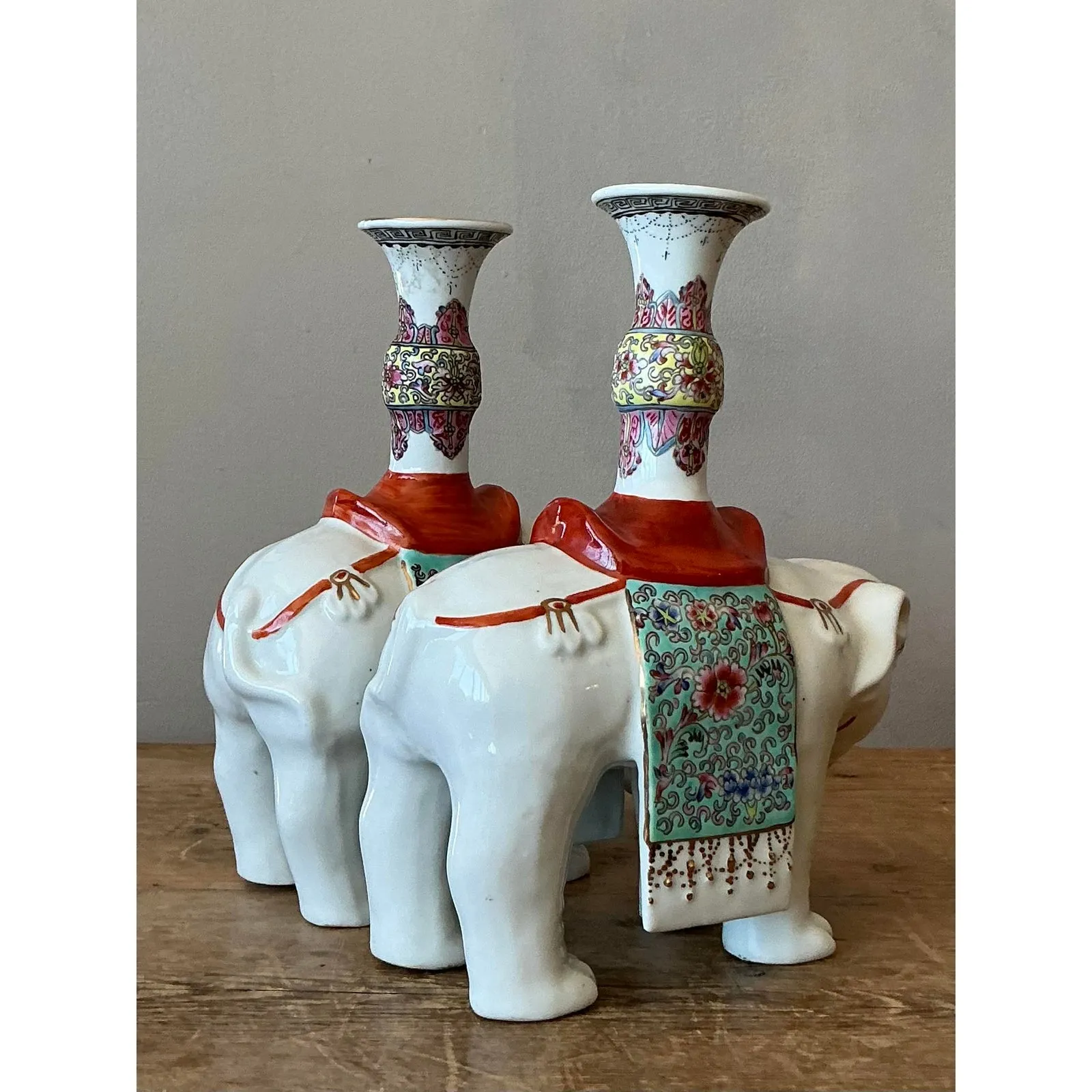Vintage Asian Opposing Glazed Ceramic Elephant Candlesticks - A Pair — additional photo 6