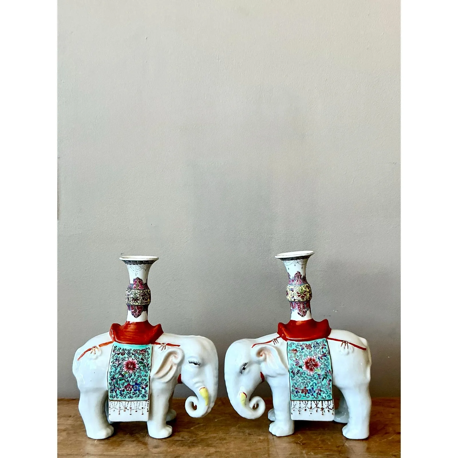 Vintage Asian Opposing Glazed Ceramic Elephant Candlesticks - A Pair — additional photo 8