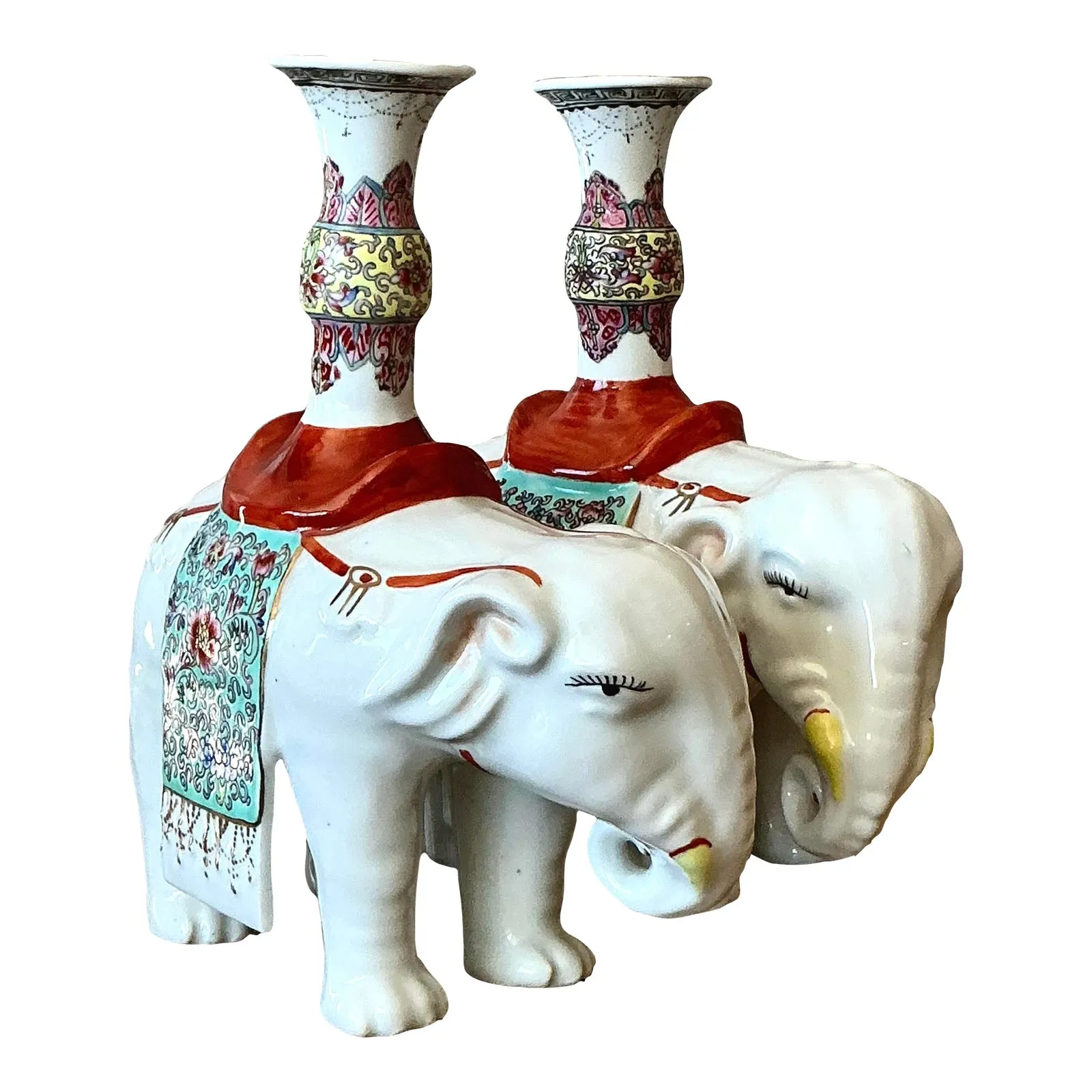 Vintage Asian Opposing Glazed Ceramic Elephant Candlesticks - A Pair — additional photo 1