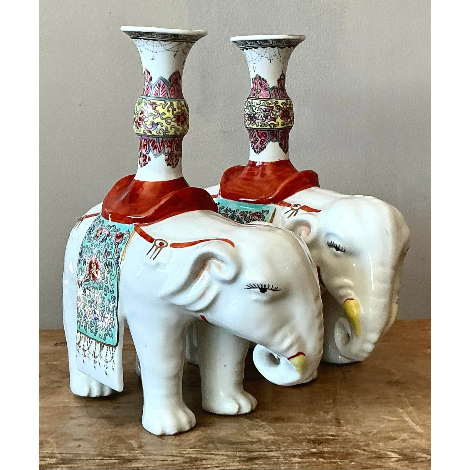 Vintage Asian Opposing Glazed Ceramic Elephant Candlesticks - A Pair — additional photo 2