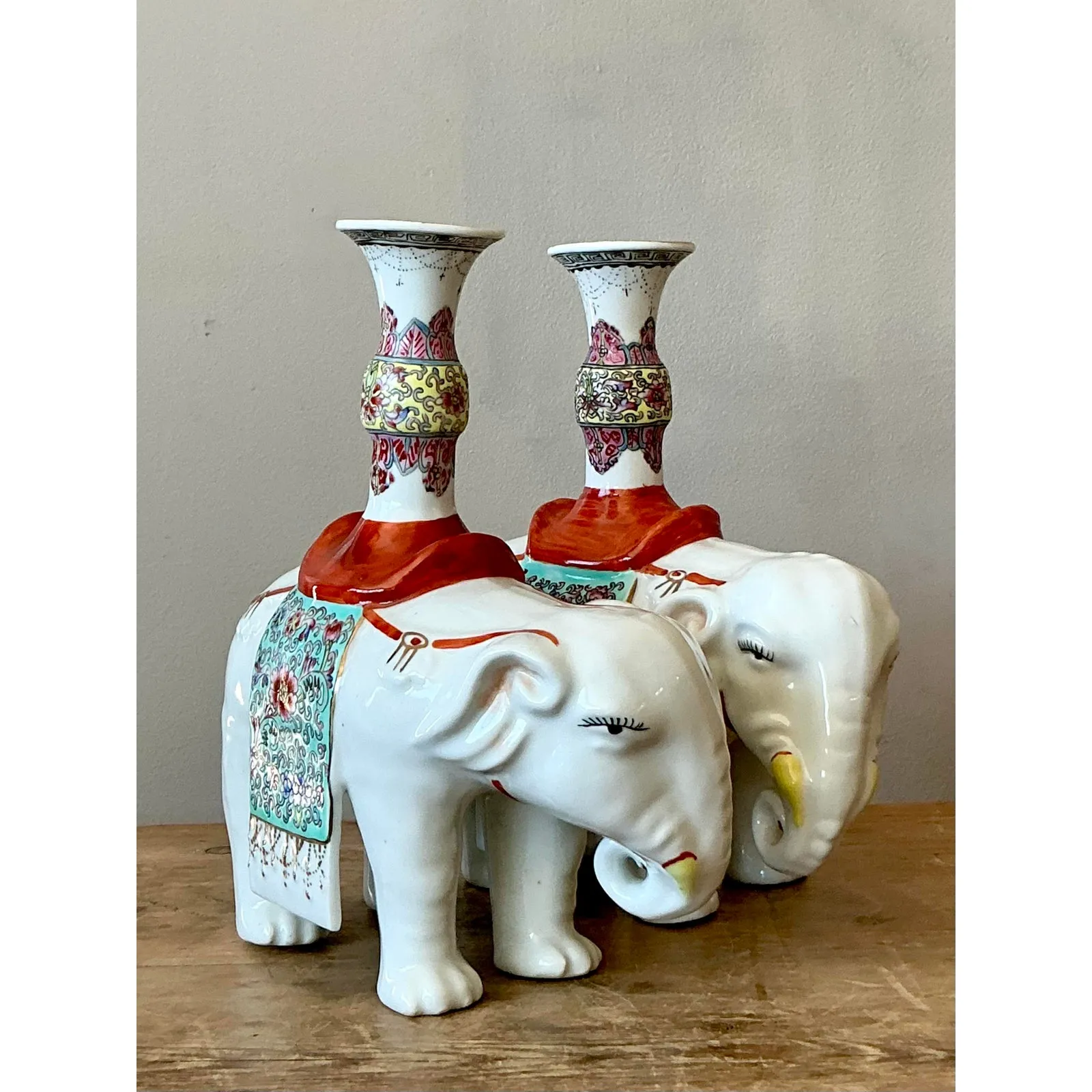 Vintage Asian Opposing Glazed Ceramic Elephant Candlesticks - A Pair — additional photo 3