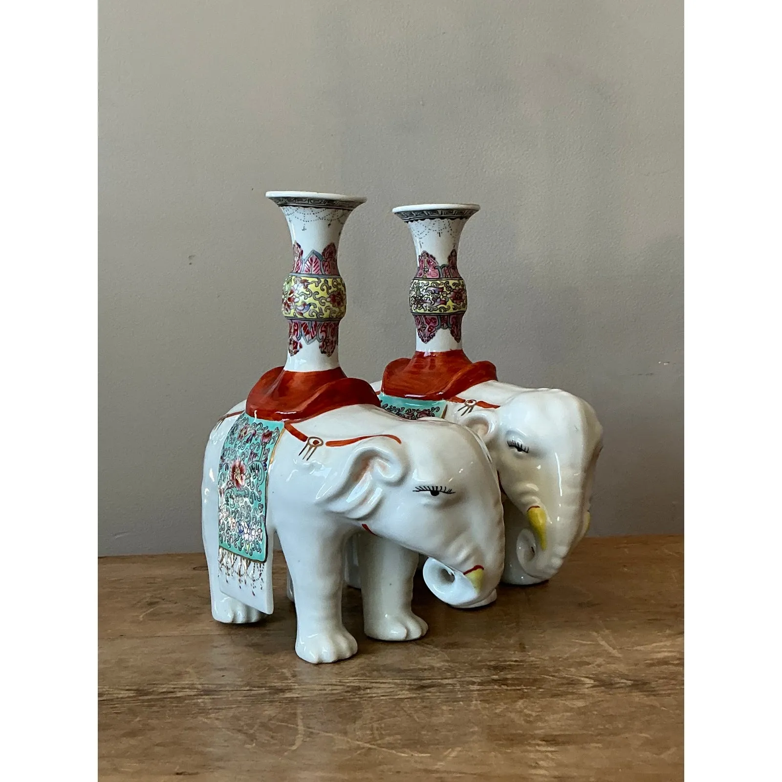 Vintage Asian Opposing Glazed Ceramic Elephant Candlesticks - A Pair — additional photo 4