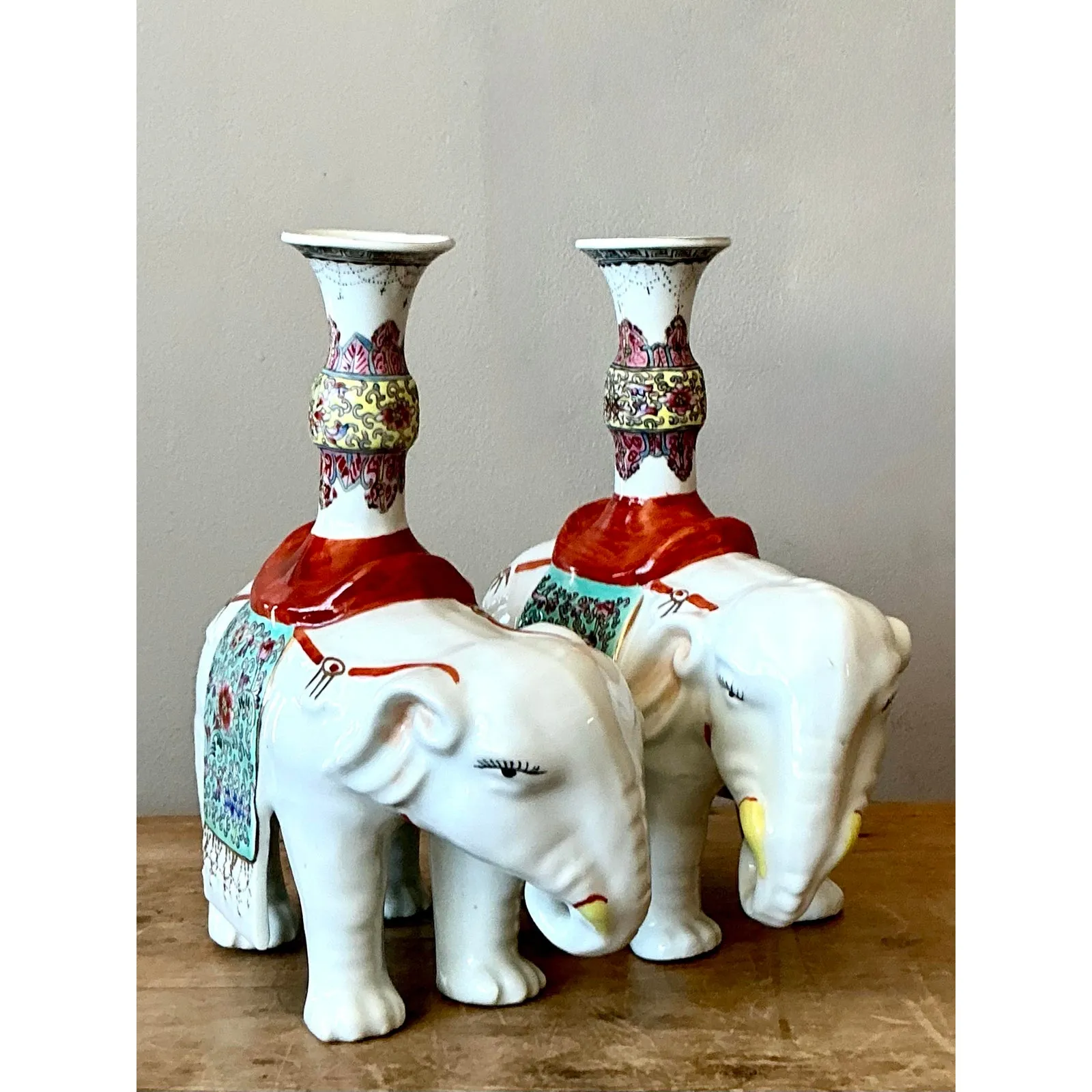 Vintage Asian Opposing Glazed Ceramic Elephant Candlesticks - A Pair — additional photo 5