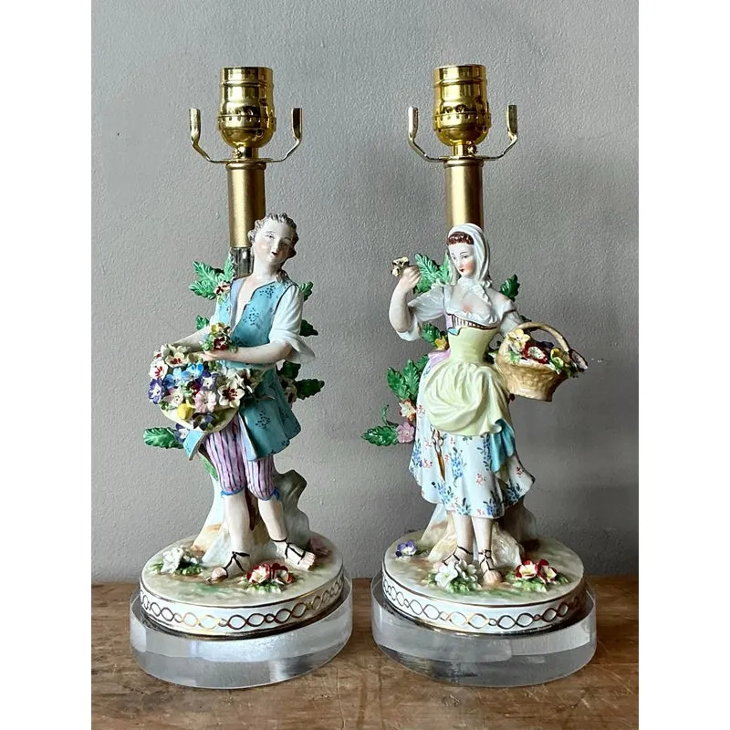 Vintage Regency German Dresden Porcelain Figure Lamps - A Pair