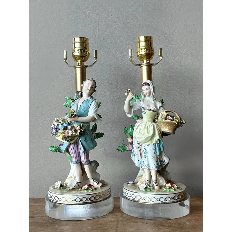 Vintage Regency German Dresden Porcelain Figure Lamps - A Pair — additional photo 2