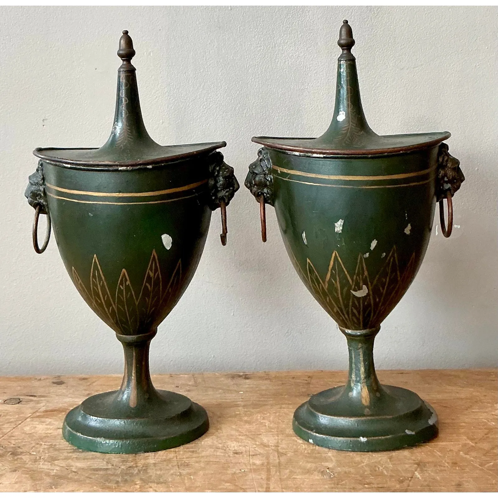 Vintage Boho Patinated French Tole Urns - A Pair — additional photo 2