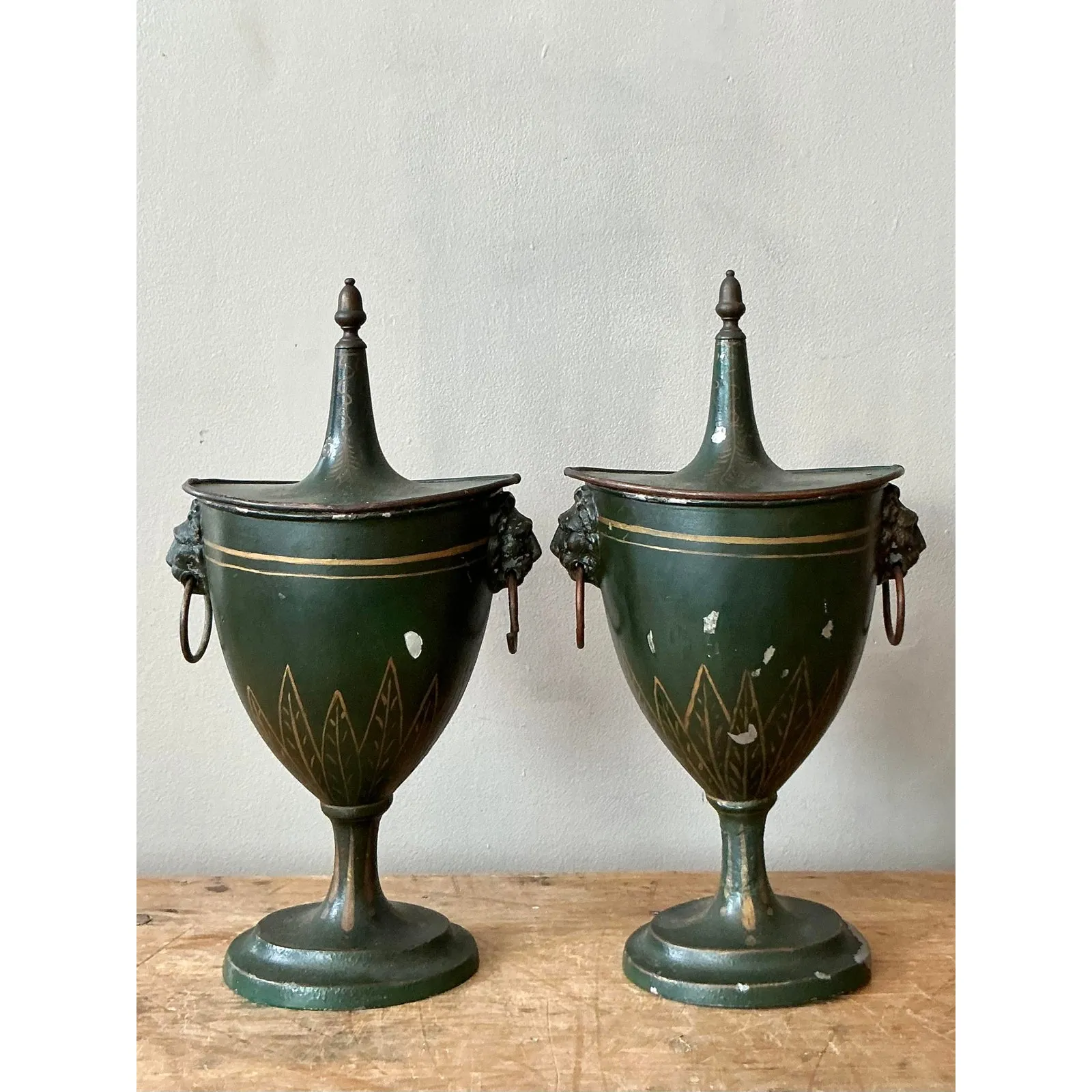 Vintage Boho Patinated French Tole Urns - A Pair — additional photo 3