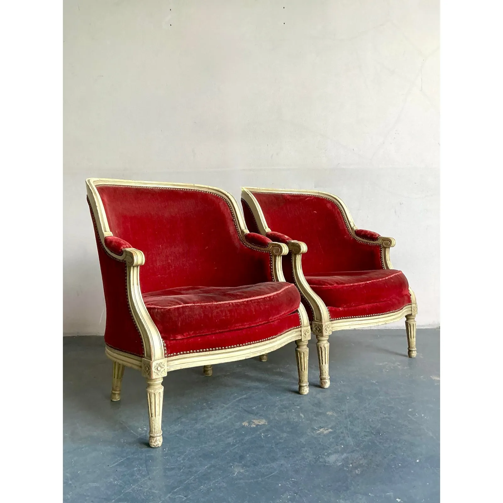 Vintage Regency Distressed Velvet Bergere Chairs - A Pair — additional photo 6