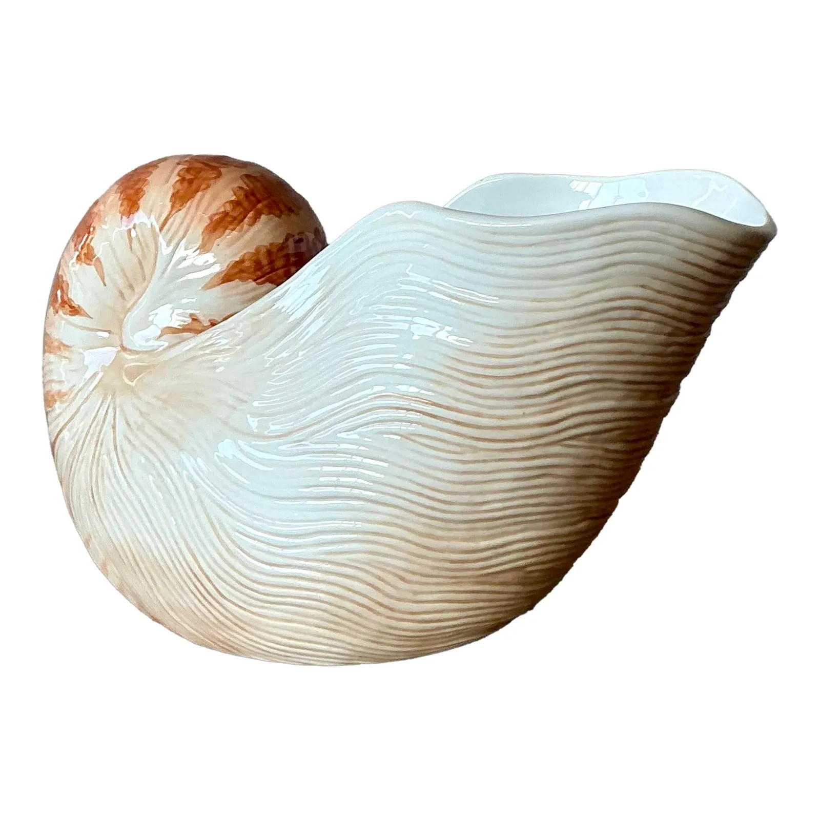 Vintage Coastal Fitz and Floyd Nautilus Shell Ceramic Cache Pot