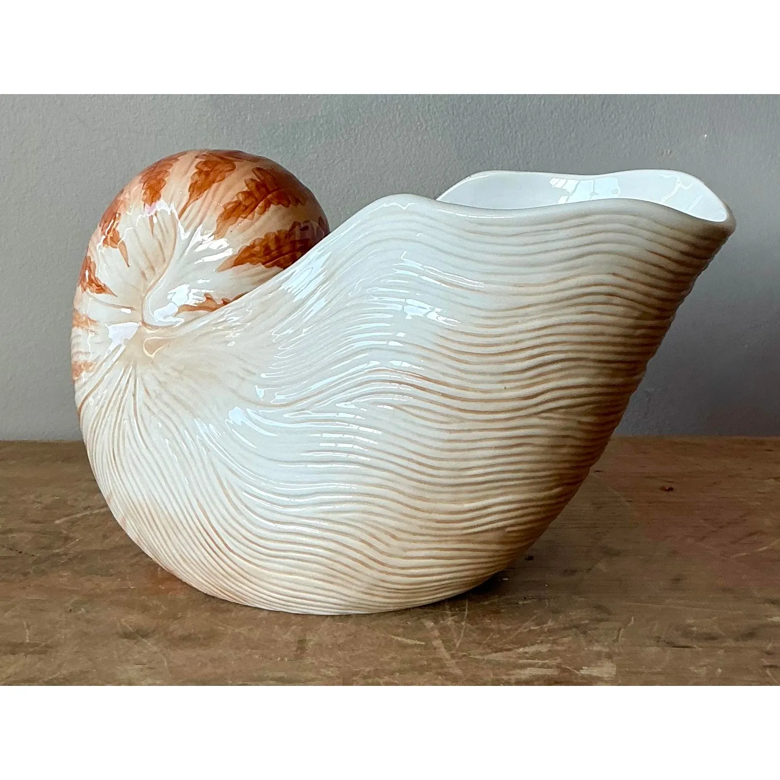 Vintage Coastal Fitz and Floyd Nautilus Shell Ceramic Cache Pot — additional photo 4