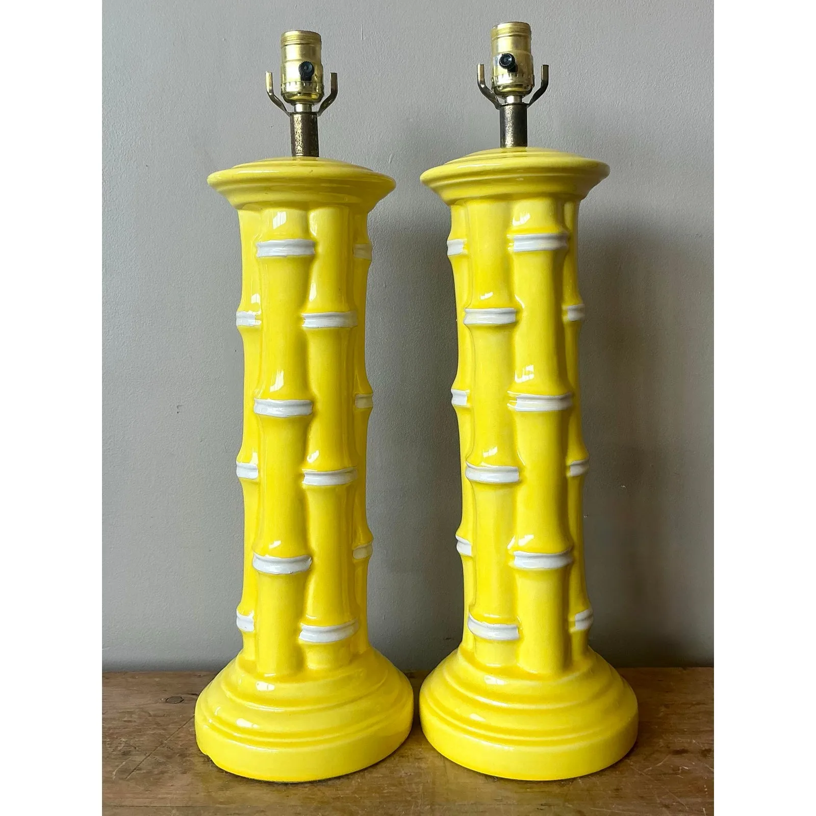 Vintage Coastal Glazed Ceramic Bamboo Lamps - A Pair — additional photo 2