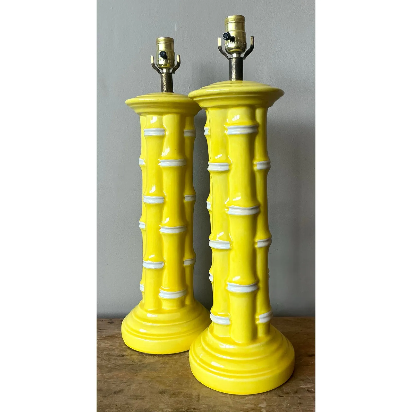 Vintage Coastal Glazed Ceramic Bamboo Lamps - A Pair — additional photo 3