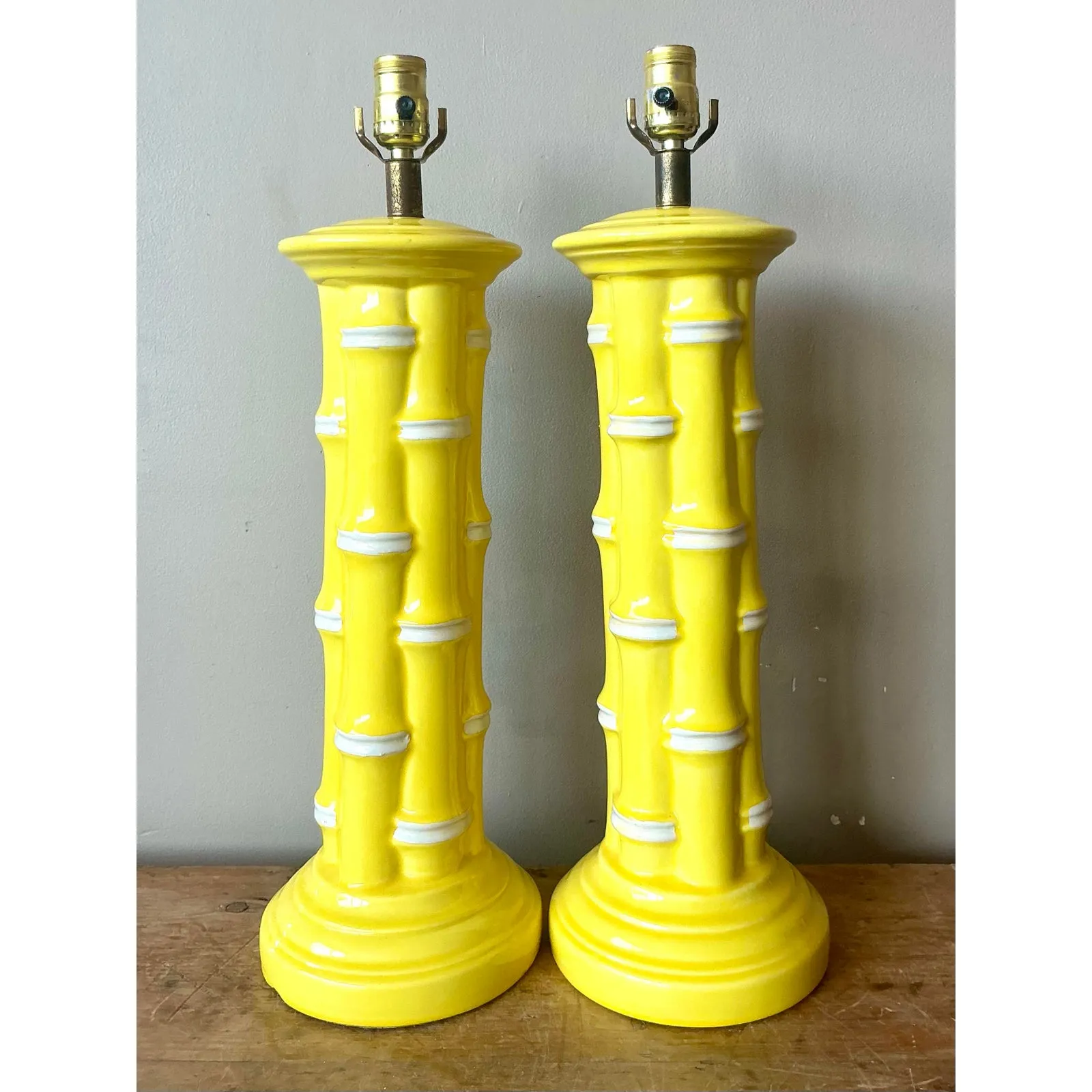 Vintage Coastal Glazed Ceramic Bamboo Lamps - A Pair — additional photo 5