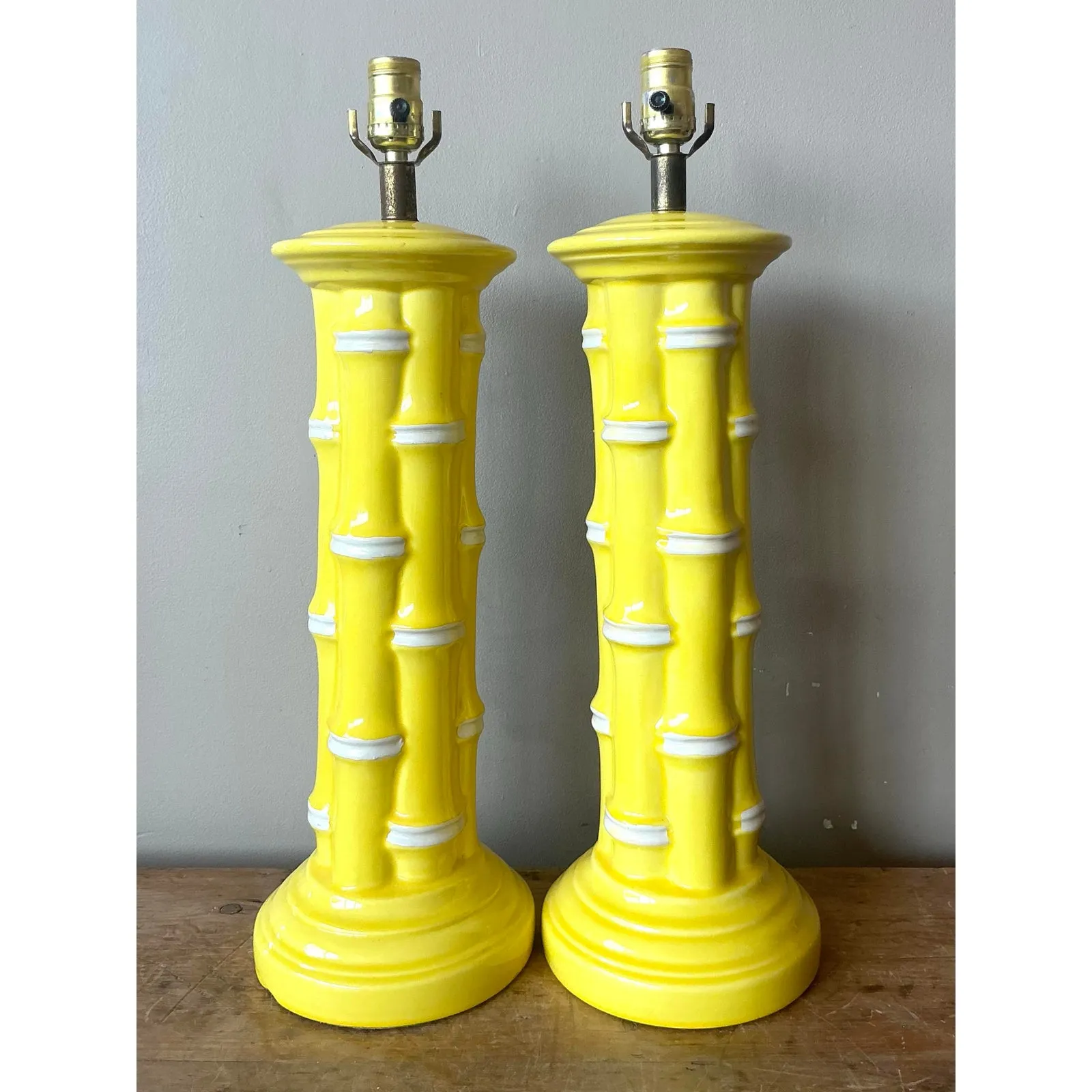 Vintage Coastal Glazed Ceramic Bamboo Lamps - A Pair — additional photo 6