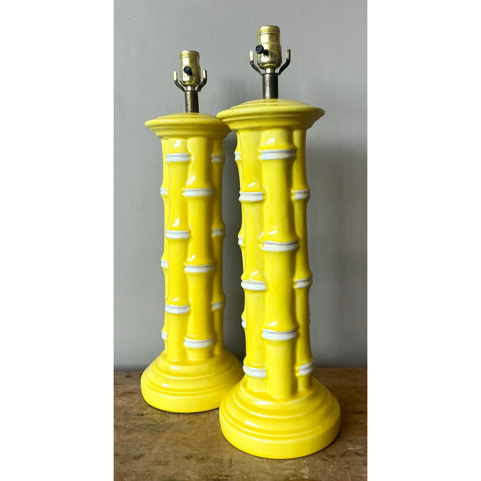 Vintage Coastal Glazed Ceramic Bamboo Lamps - A Pair — additional photo 7