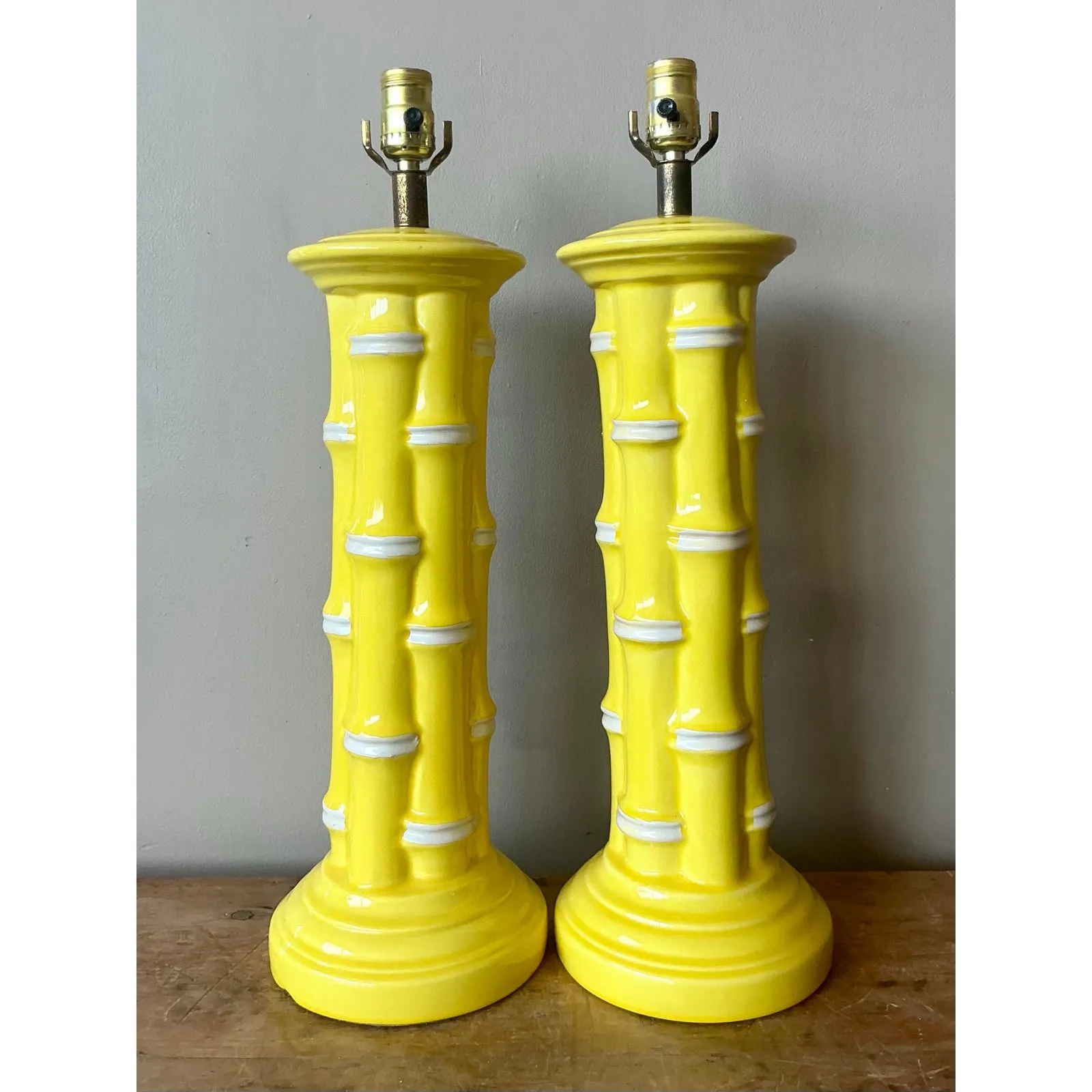 Vintage Coastal Glazed Ceramic Bamboo Lamps - A Pair — additional photo 8