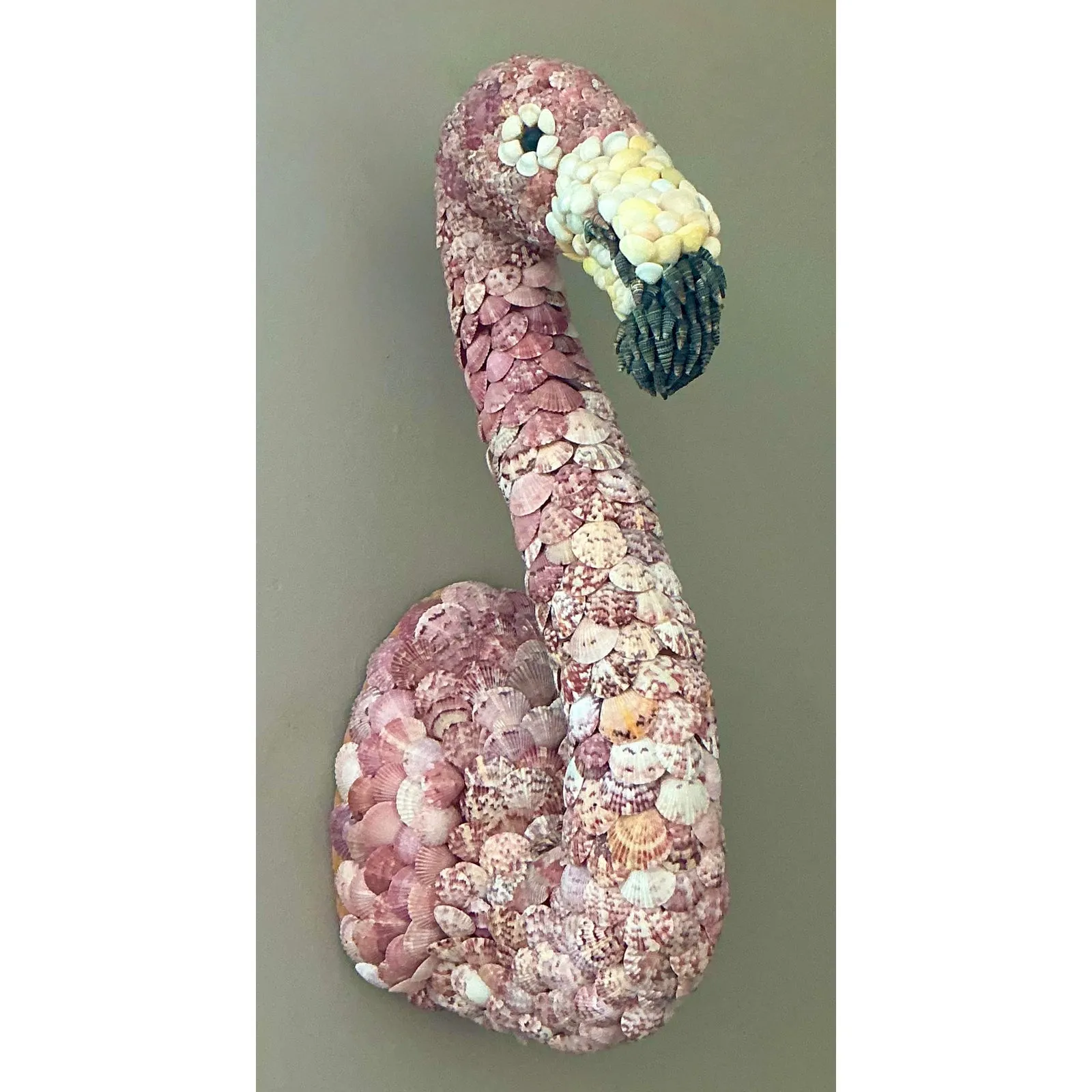 Vintage Boho Shell Encrusted Wall Mount Flamingo